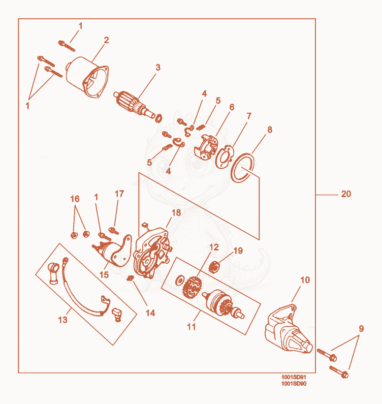 Despiece del Electric Starter de una máquina Wacker Neuson GS5.5A, con globos numerados