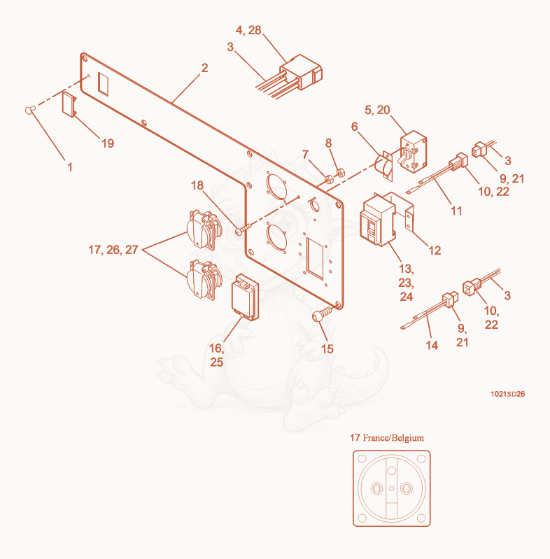 Exploded parts diagram of the Control Panel with Earth Leakage Circuit Breaker of a Wacker Neuson G4.6AE, with numbered balloons