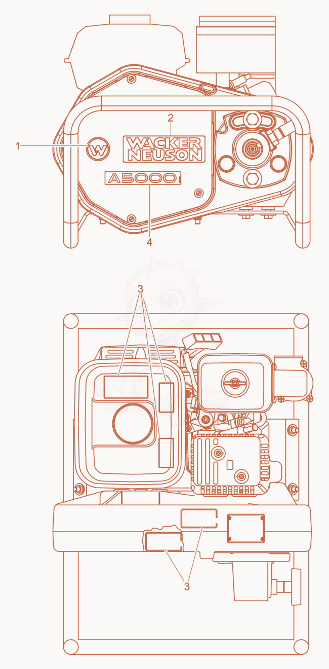 Exploded parts diagram of the Labels of a Wacker Neuson A5000, with numbered balloons