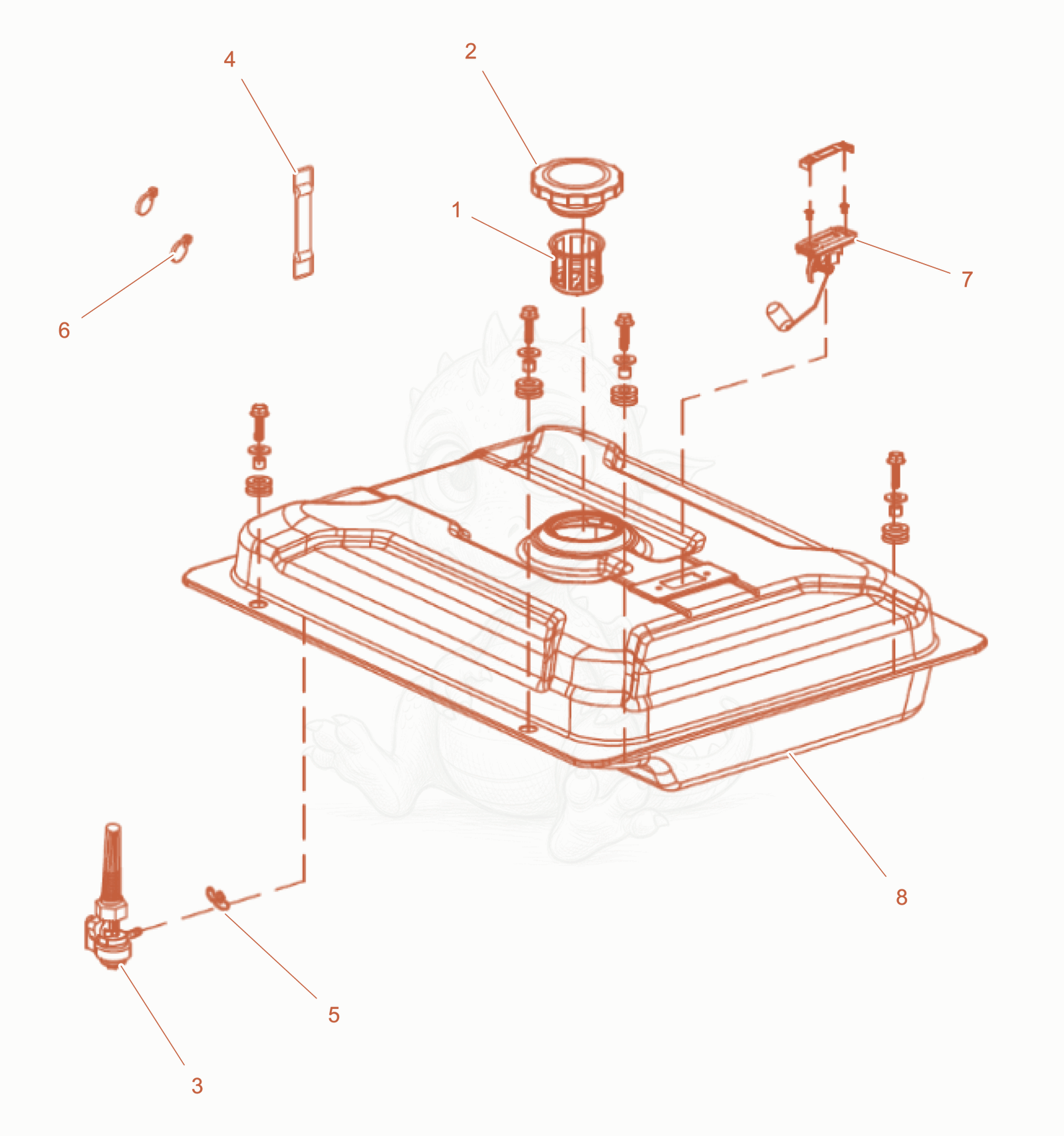 Exploded parts diagram of the Fuel tank cpl. of a Wacker Neuson GS6000GCN, with numbered balloons