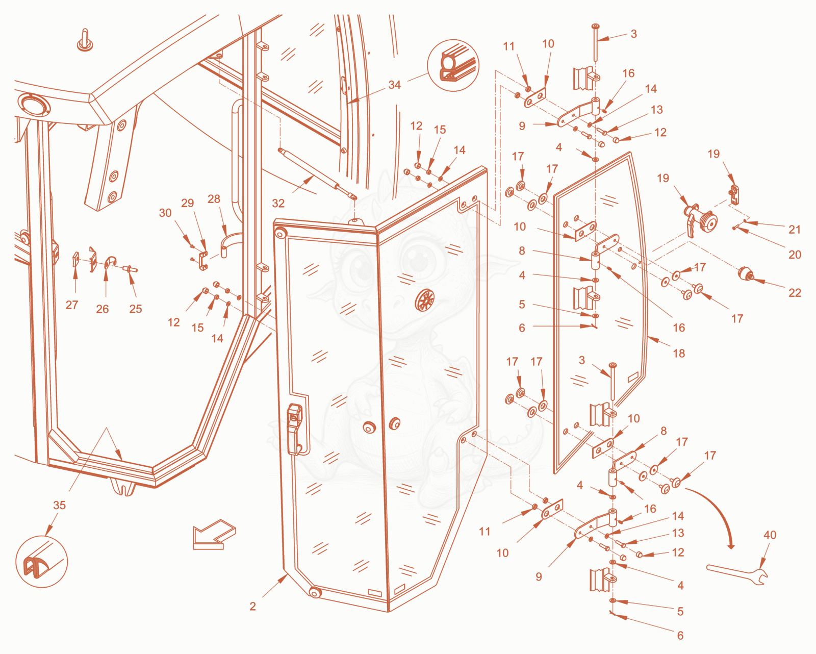 Exploded parts diagram of the driver's cabin of a Wacker Neuson RD45-140US, with numbered balloons