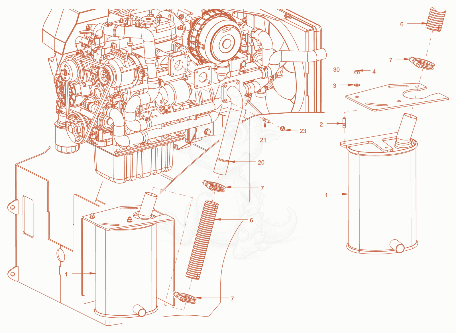 Exploded parts diagram of the exhaust system of a Wacker Neuson RD18-100C, with numbered balloons