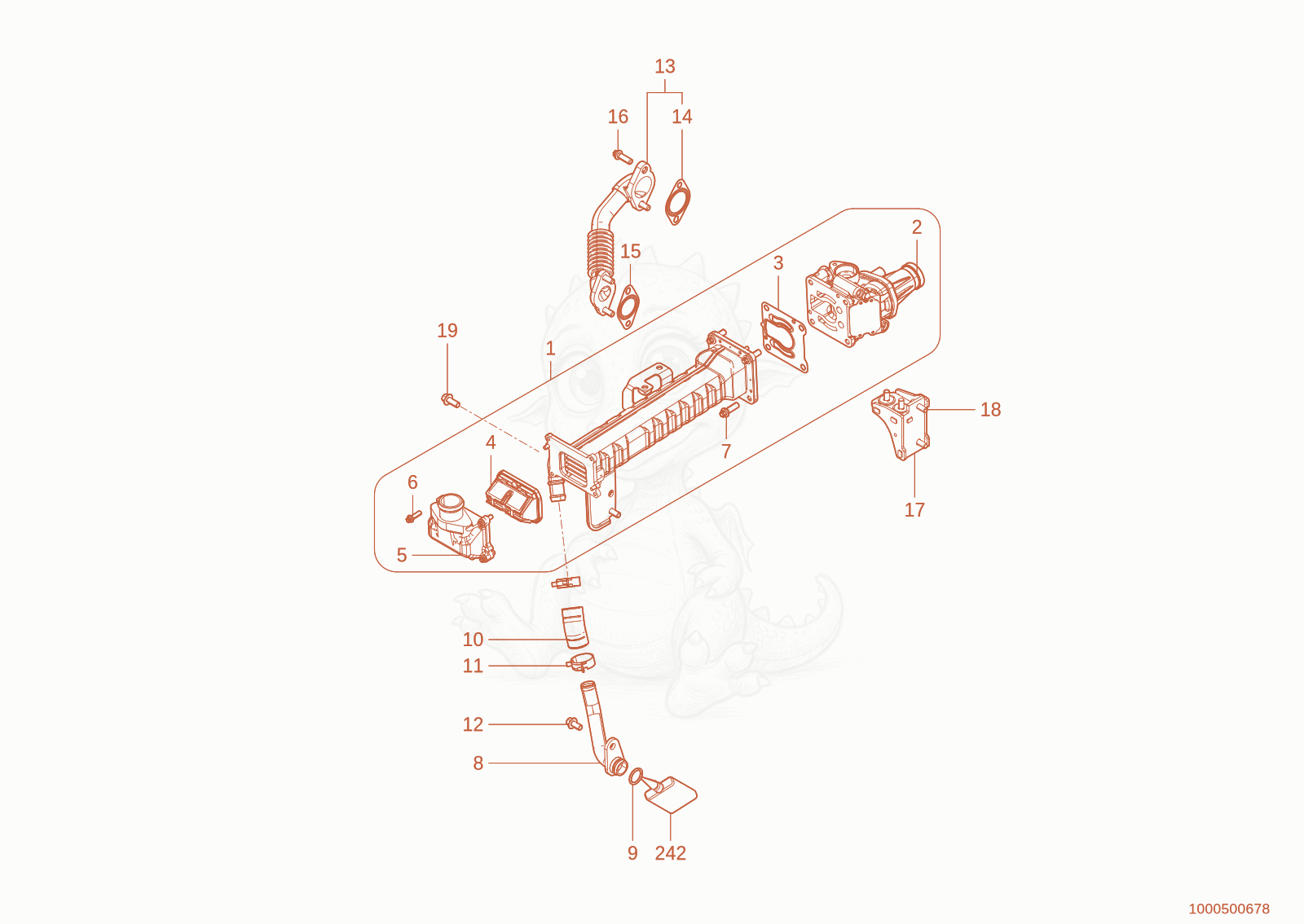 Exploded parts diagram of the EGR Cooler of a Wacker Neuson WL95(WRL90-00), with numbered balloons
