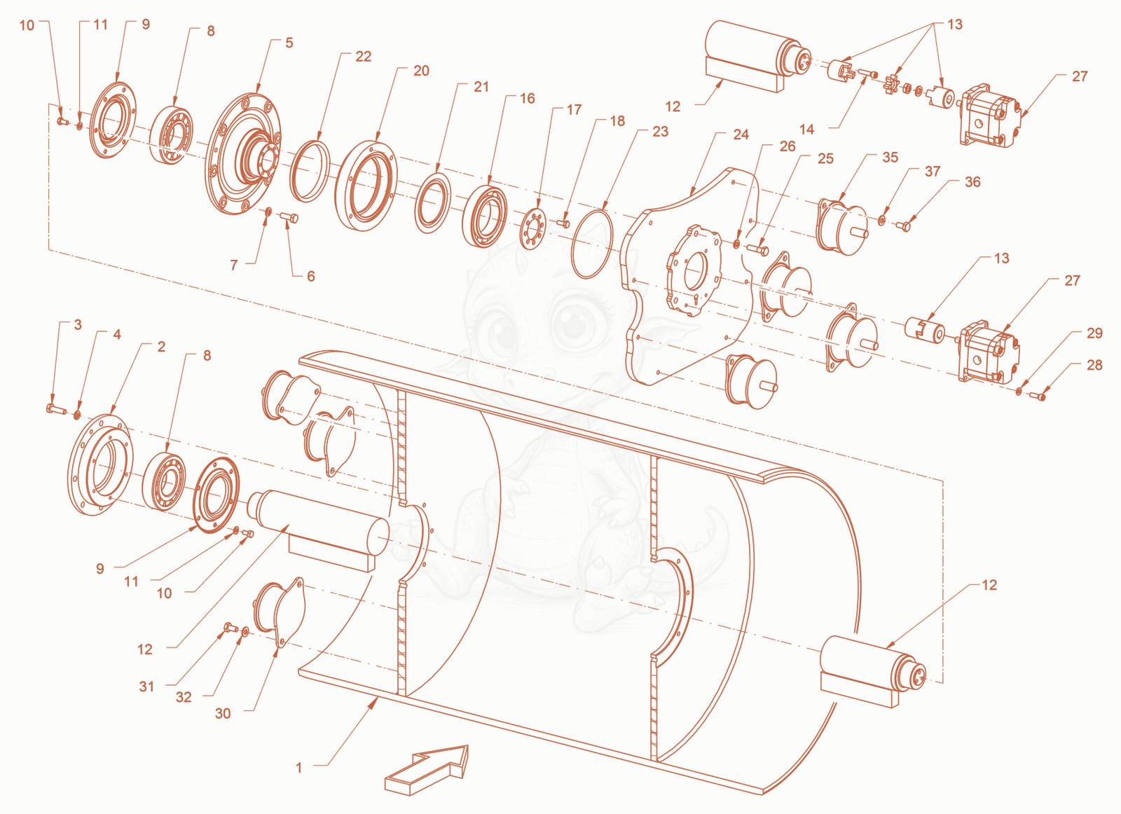 Exploded parts diagram of the smooth roller drum with vibrator of a Wacker Neuson RD24-100.3, with numbered balloons