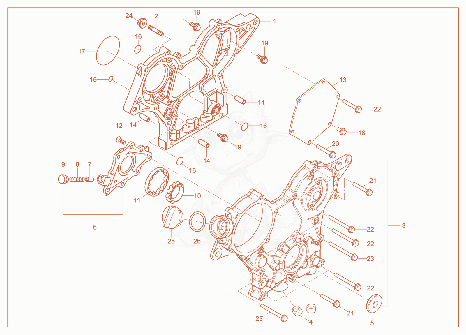 Exploded parts diagram of the Crankshaft Housing of a Wacker Neuson SM100, with numbered balloons