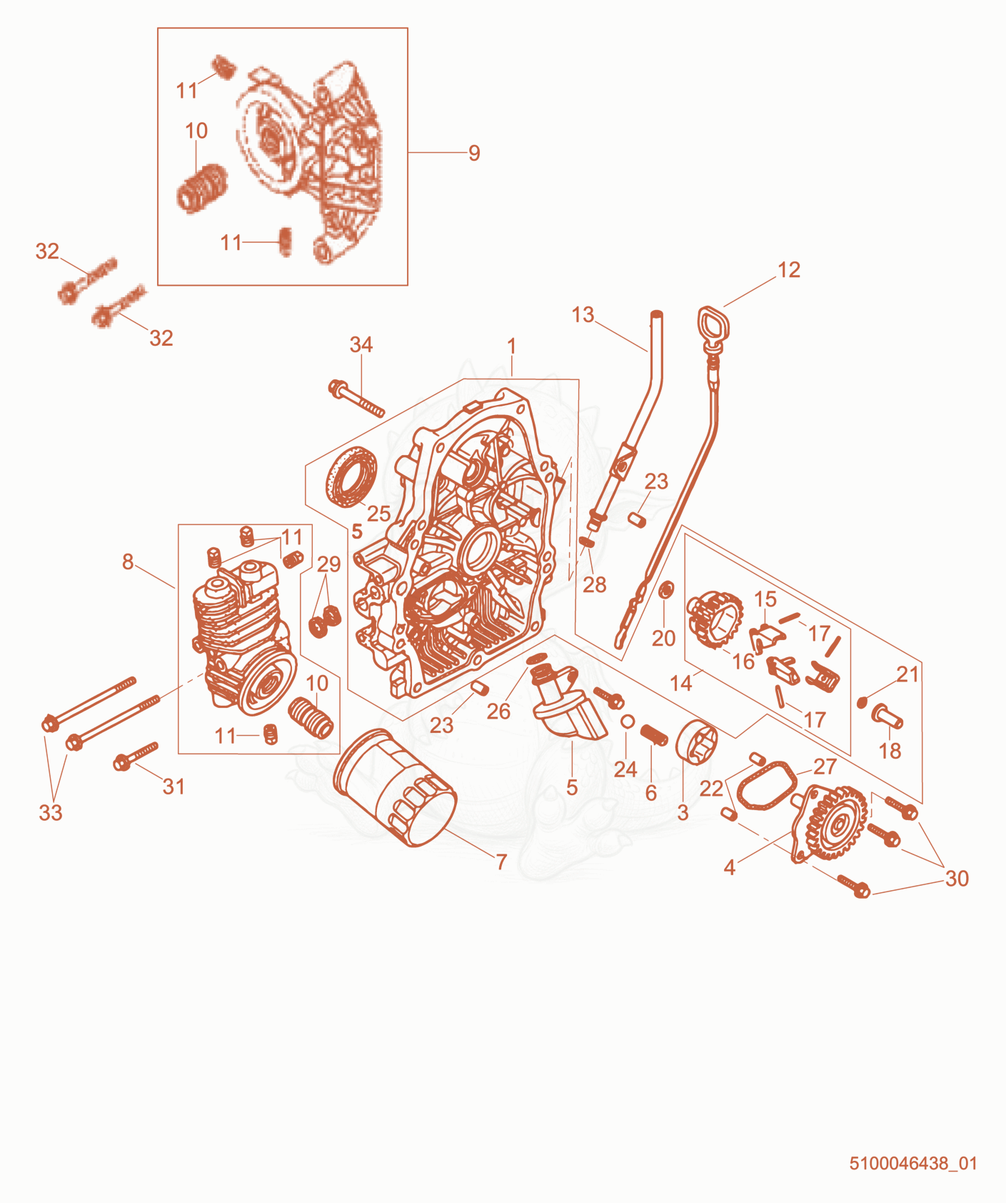Exploded parts diagram of the Crankcase Cover of a Wacker Neuson GPS9700A, with numbered balloons