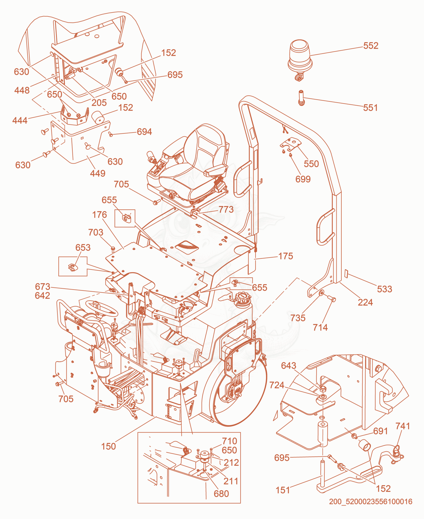 Exploded parts diagram of the ROPS Protection/Seat Unit of a Wacker Neuson RD27-120, with numbered balloons