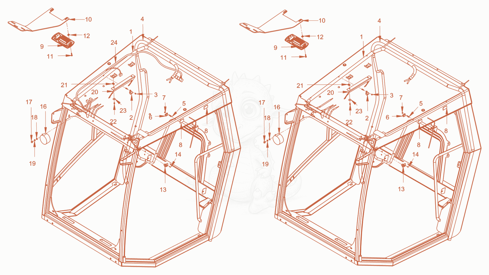 Exploded parts diagram of the driver's cabin of a Wacker Neuson RC110PUSROPS, with numbered balloons