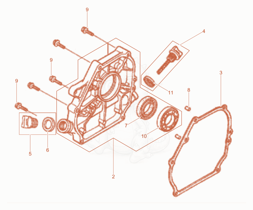 Exploded parts diagram of the Crankcase cover of a Wacker Neuson BRS90, with numbered balloons