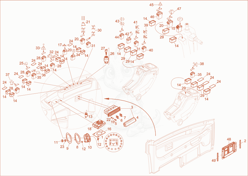 Exploded parts diagram of the instrument panel of a Wacker Neuson EW100, with numbered balloons