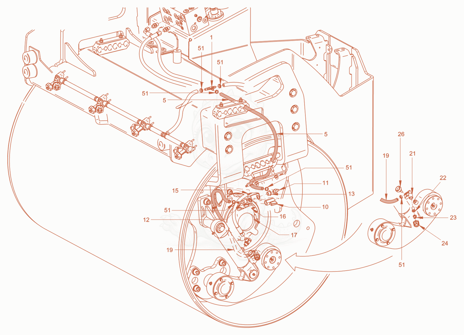 Exploded parts diagram of the sprinkling of a Wacker Neuson RD40-130C.3, with numbered balloons