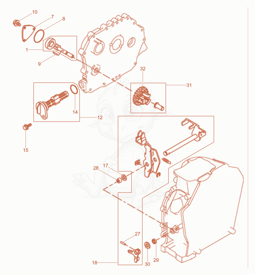 Exploded parts diagram of the Oil pump, Governor of a Wacker Neuson RD10YEHFLRC, with numbered balloons