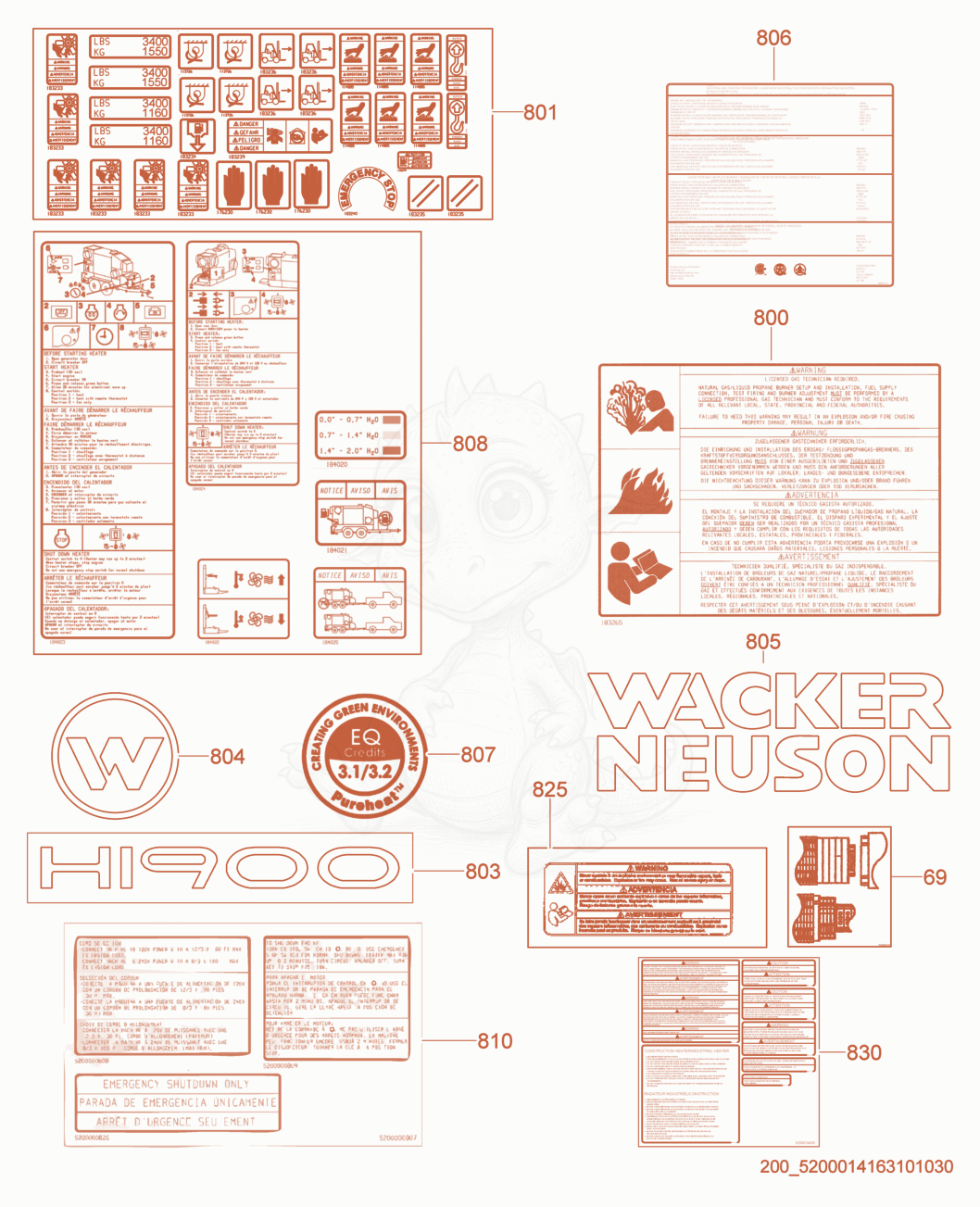 Exploded parts diagram of the Labels of a Wacker Neuson HI900G, with numbered balloons