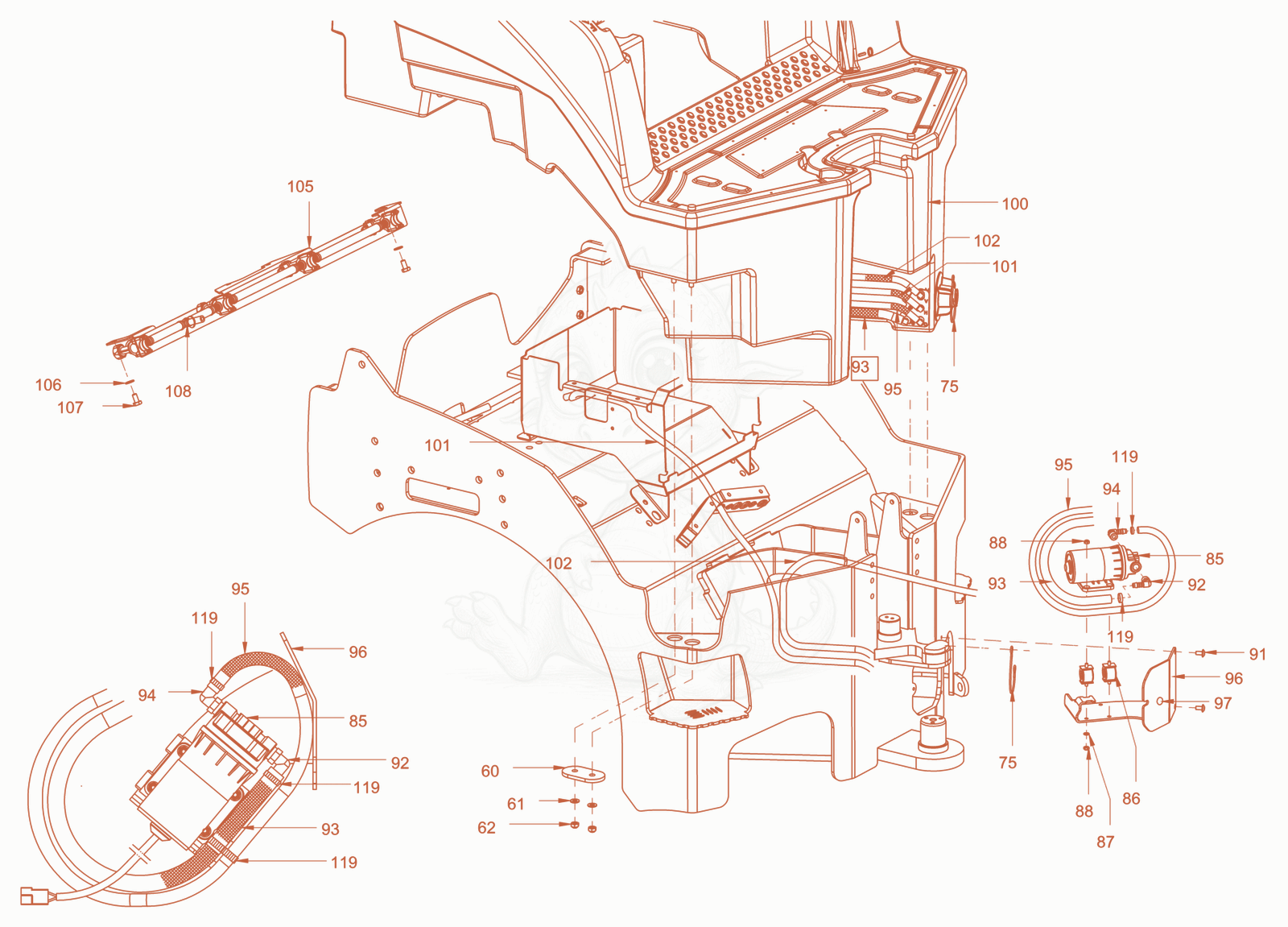 Exploded parts diagram of the sprinkling of a Wacker Neuson RD45-140OUS, with numbered balloons