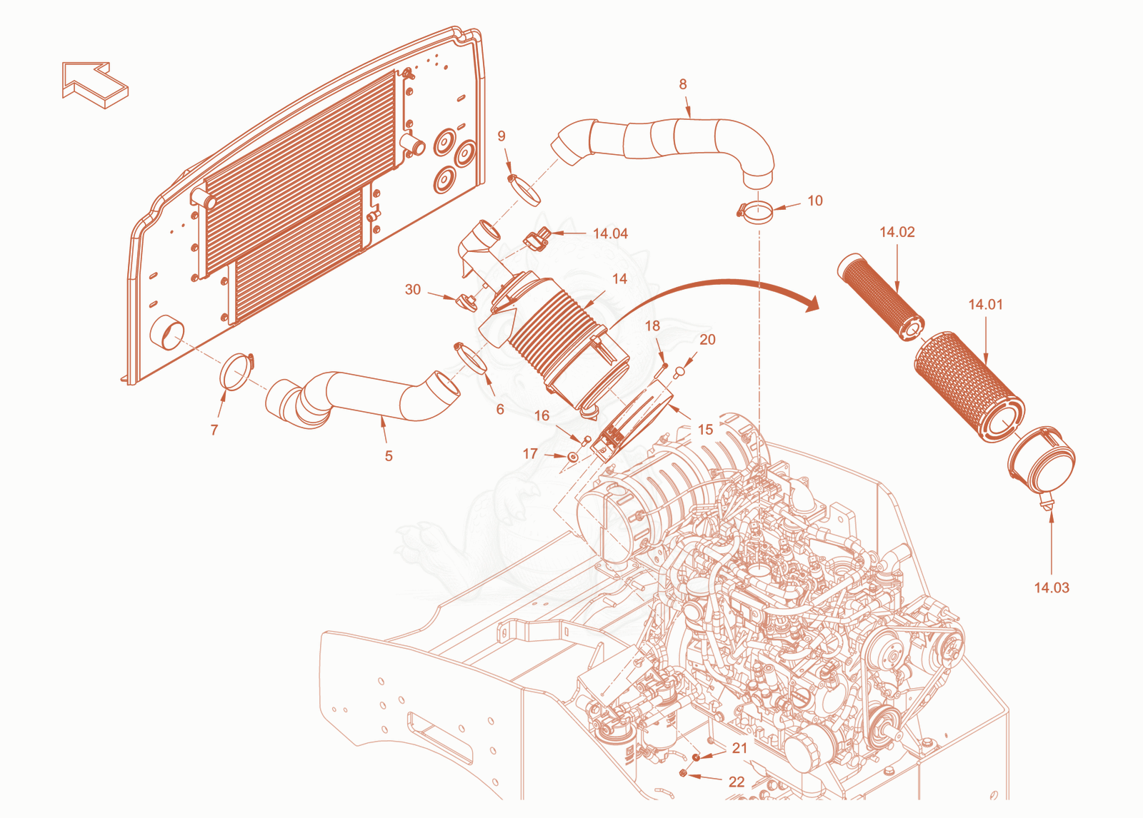 Exploded parts diagram of the air filter system of a Wacker Neuson RD40-130CDPF, with numbered balloons
