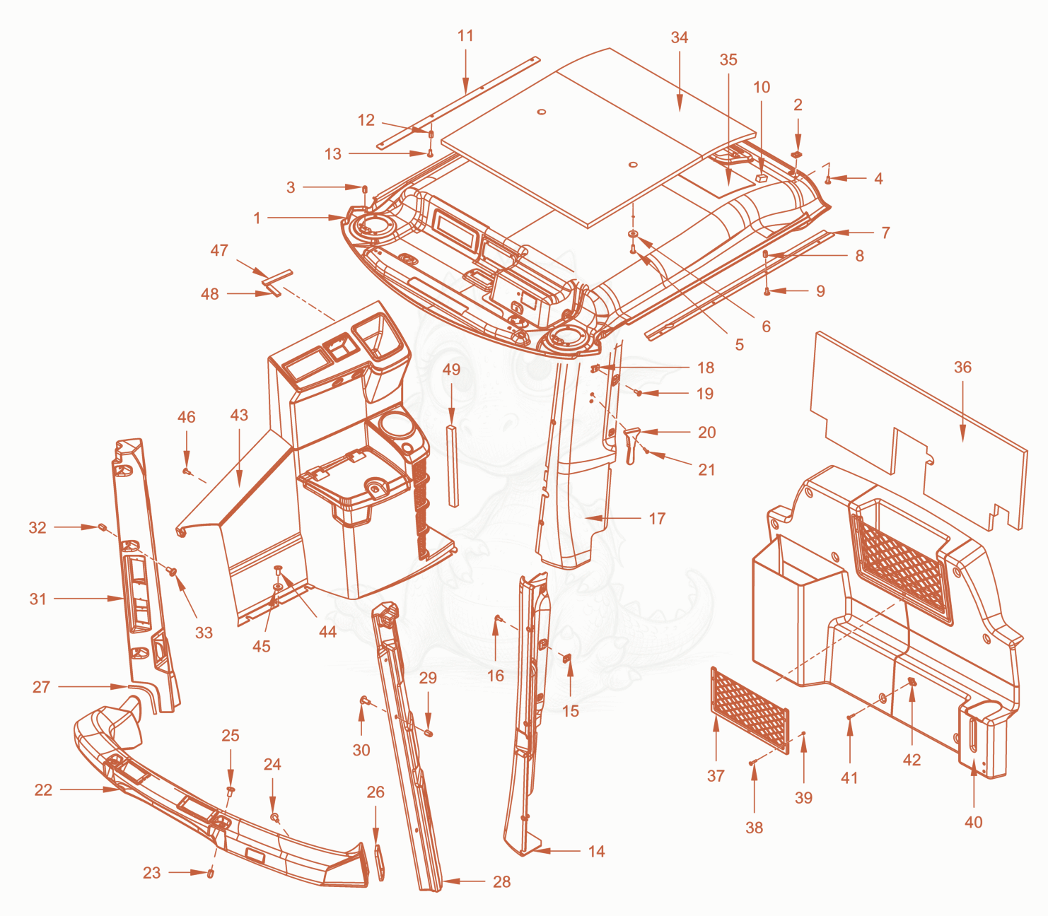 Exploded parts diagram of the driver's cabin of a Wacker Neuson RC110ROPS, with numbered balloons