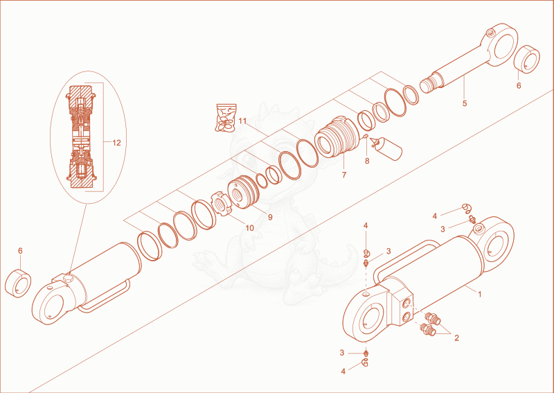 Exploded parts diagram of the CYLINDER FOR DOOZER BLADE OR STABILIZERS of a Wacker Neuson EW100, with numbered balloons