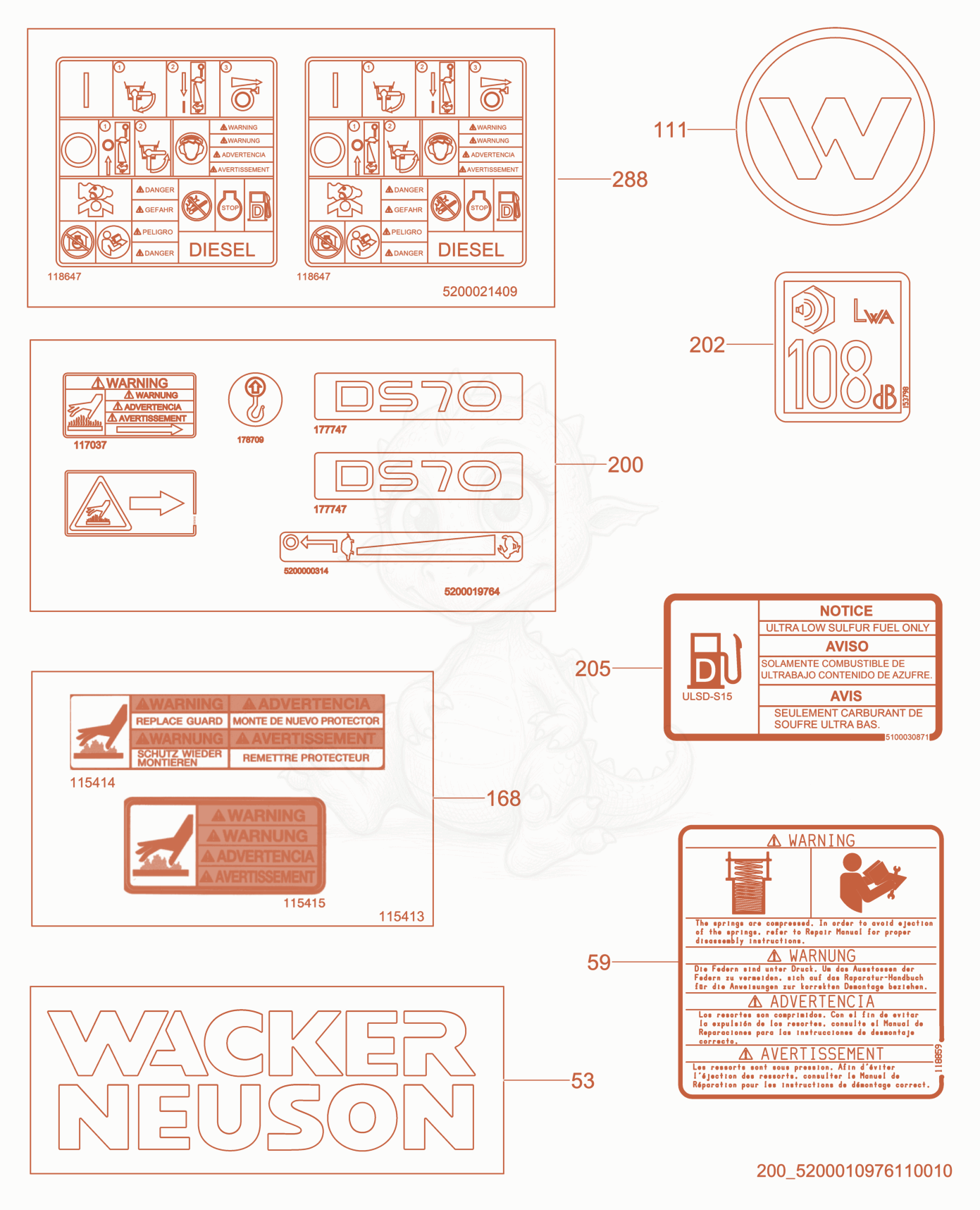 Exploded parts diagram of the Labels of a Wacker Neuson DS70, with numbered balloons