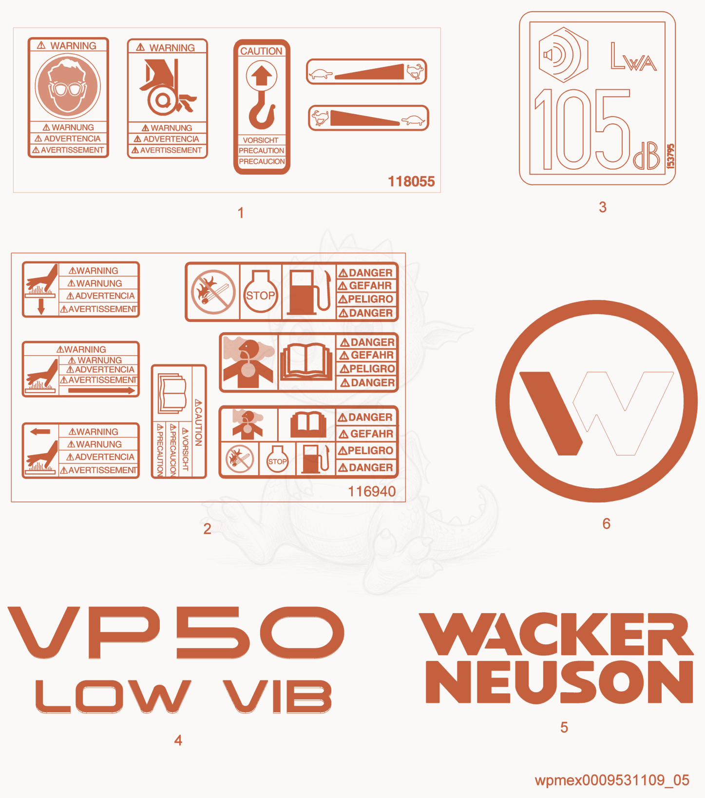 Exploded parts diagram of the Label of a Wacker Neuson VP50XW, with numbered balloons
