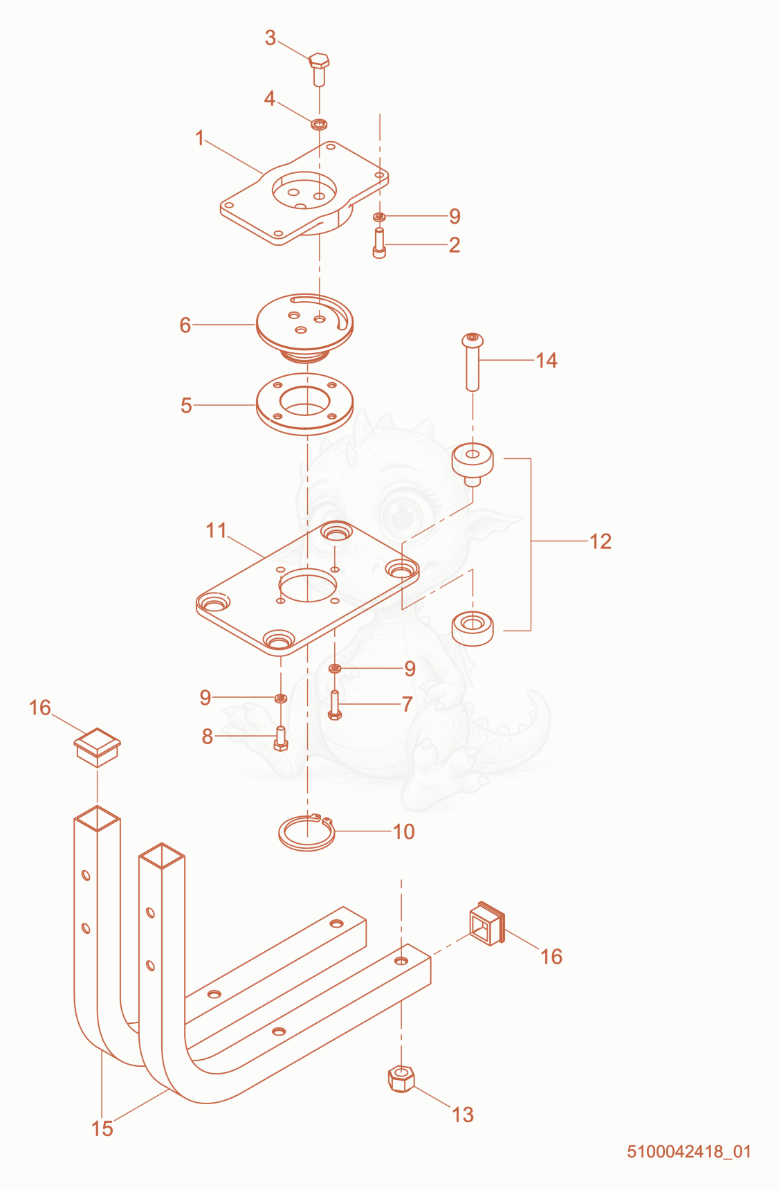 Despiece del Engine Mount de una máquina Wacker Neuson BV50A-H, con globos numerados