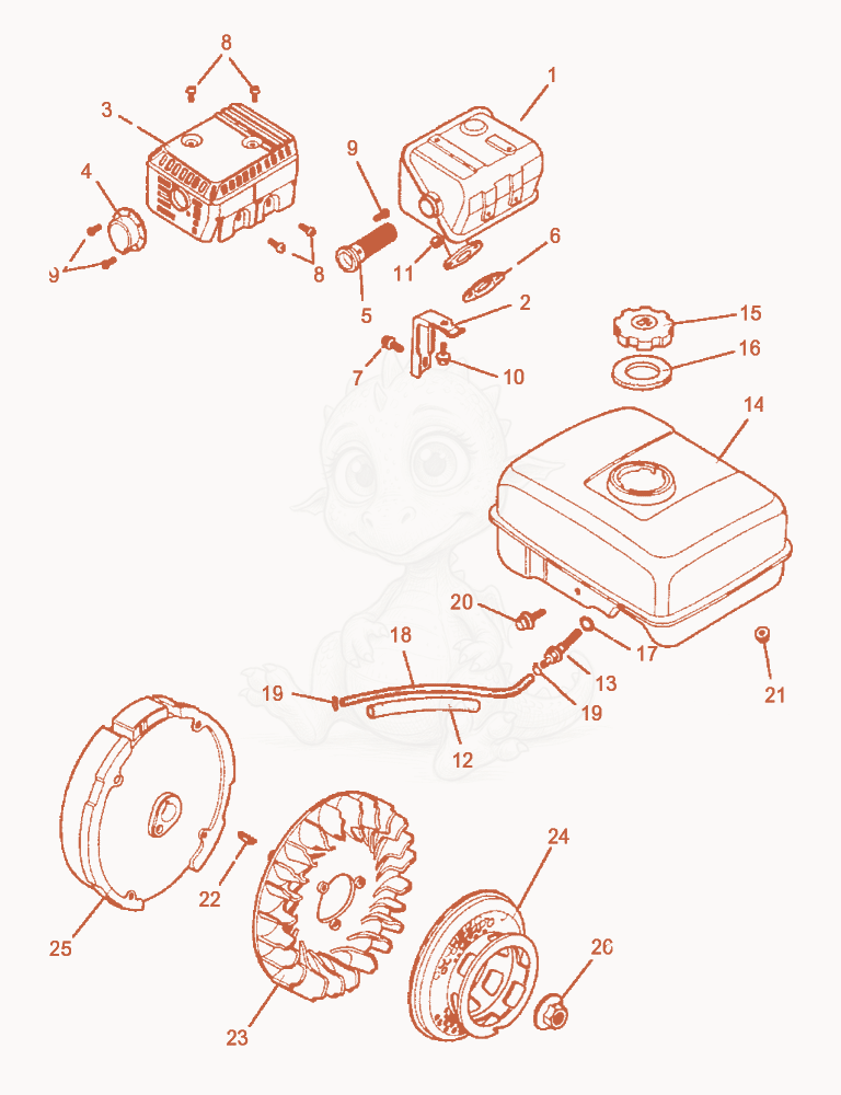 Despiece del Muffler-Tank-Fly Wheel de una máquina Wacker Neuson A3000, con globos numerados