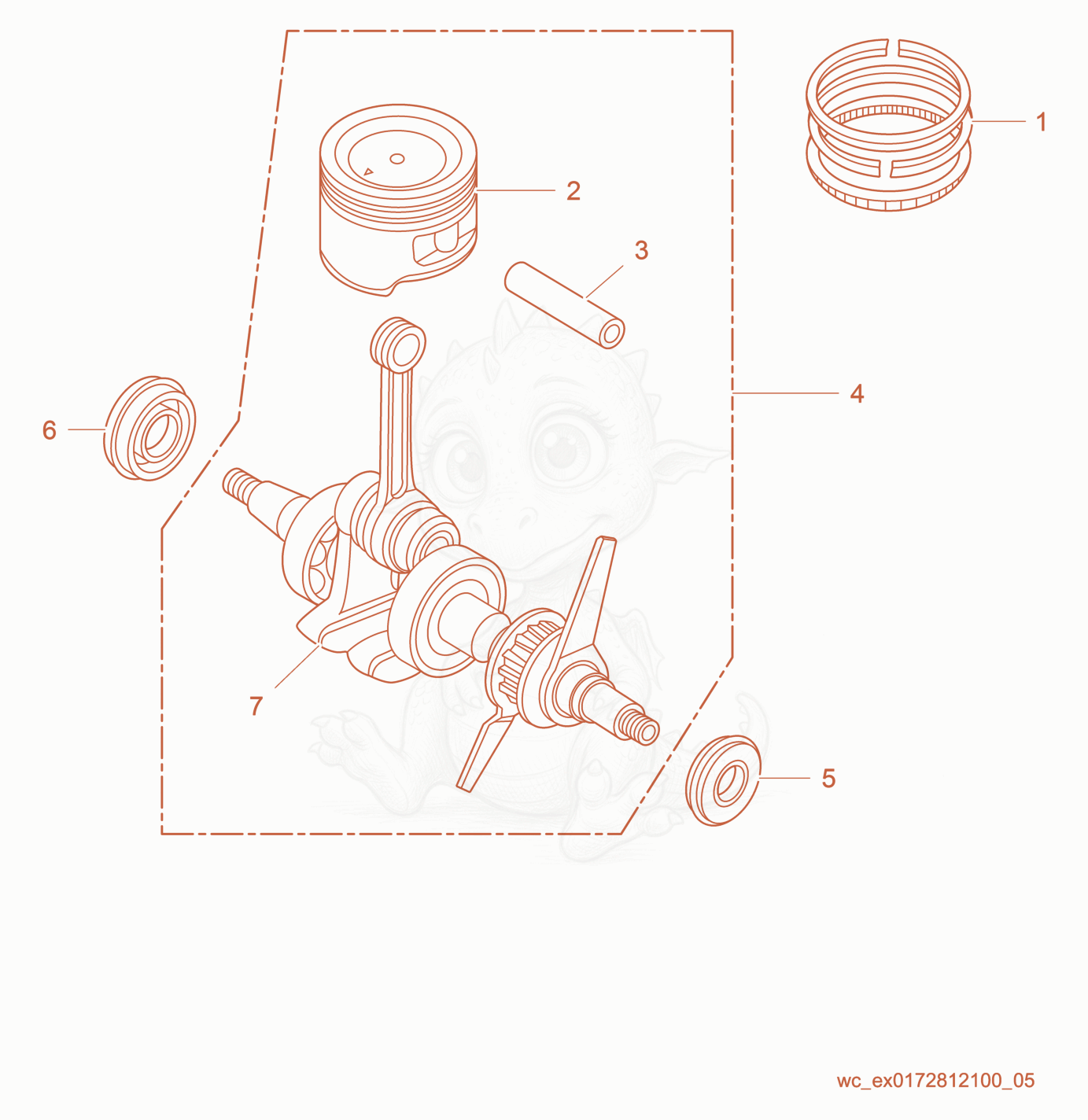 Exploded parts diagram of the Crankshaft/Piston of a Wacker Neuson PV35A, with numbered balloons