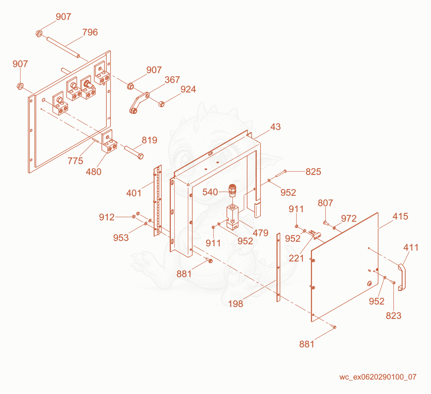 Despiece del Lug Box cpl. de una máquina Wacker Neuson G120, con globos numerados