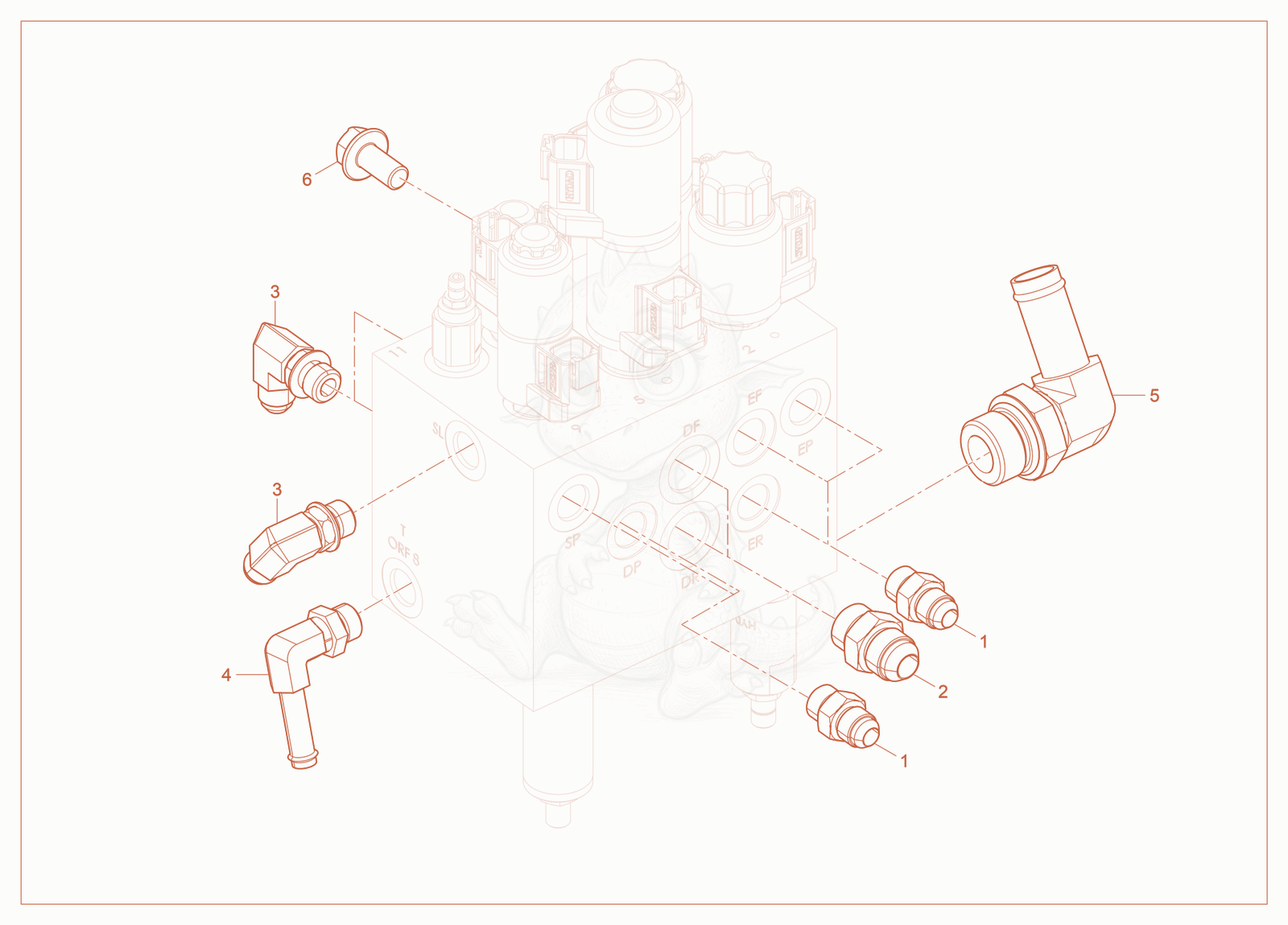 Exploded parts diagram of the Control Block Fittings of a Wacker Neuson RT-SC4, with numbered balloons