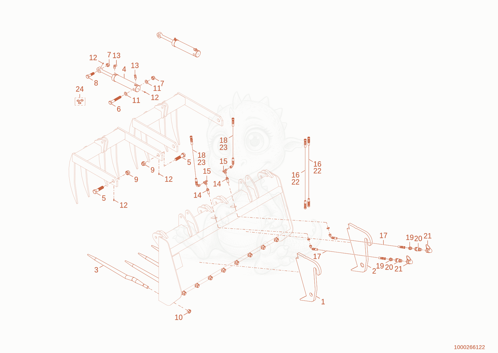 Exploded parts diagram of the Crocodile teeth of a Wacker Neuson WL44, with numbered balloons