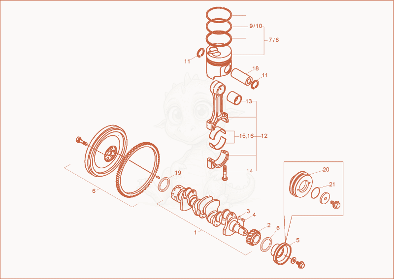 Despiece del crankshaft, piston de una máquina Wacker Neuson 8002RD, con globos numerados
