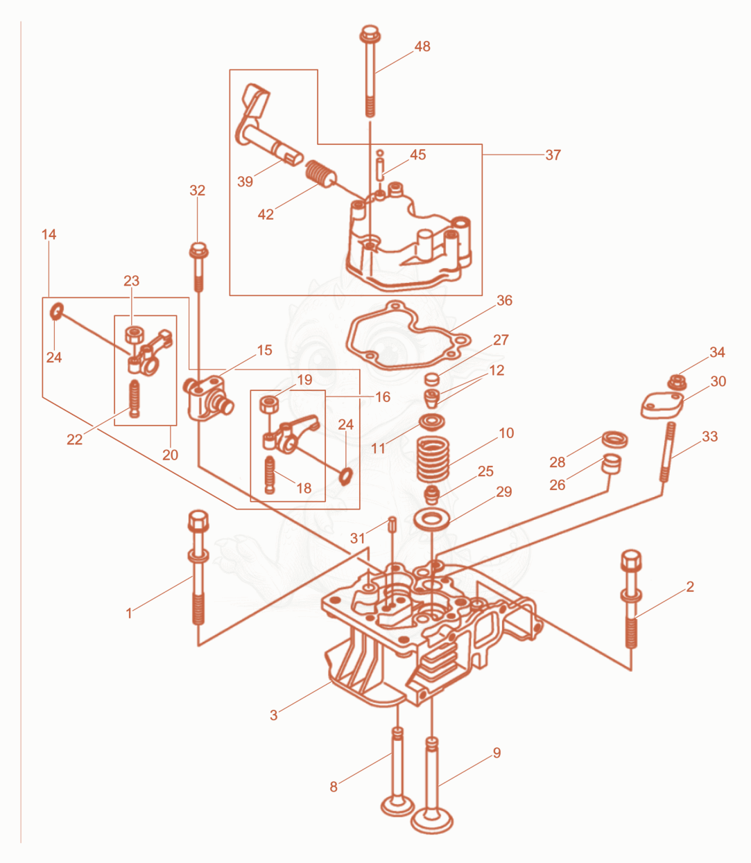 Exploded parts diagram of the Cylinder head of a Wacker Neuson DPU4045YE, with numbered balloons