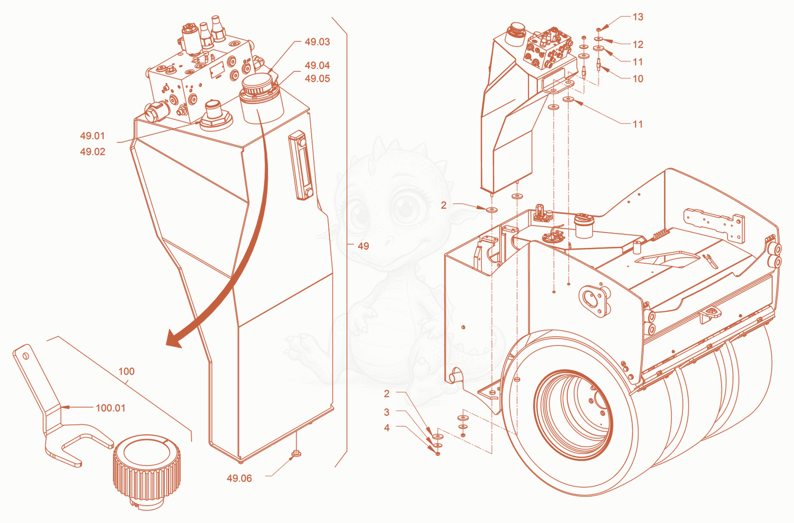 Exploded parts diagram of the oil tank of a Wacker Neuson RD45-140US, with numbered balloons