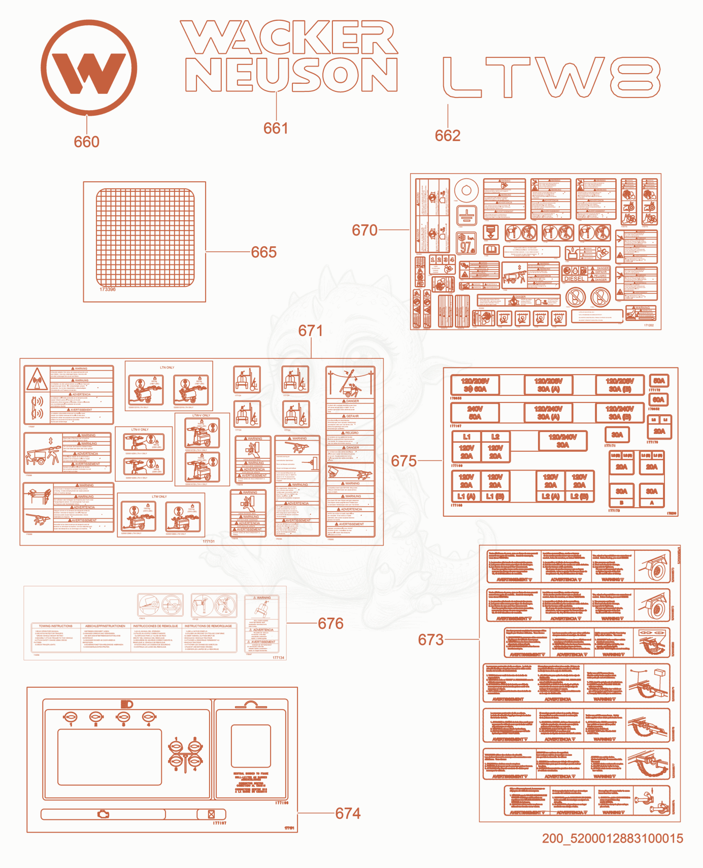 Exploded parts diagram of the Labels of a Wacker Neuson LTW8K-V, with numbered balloons