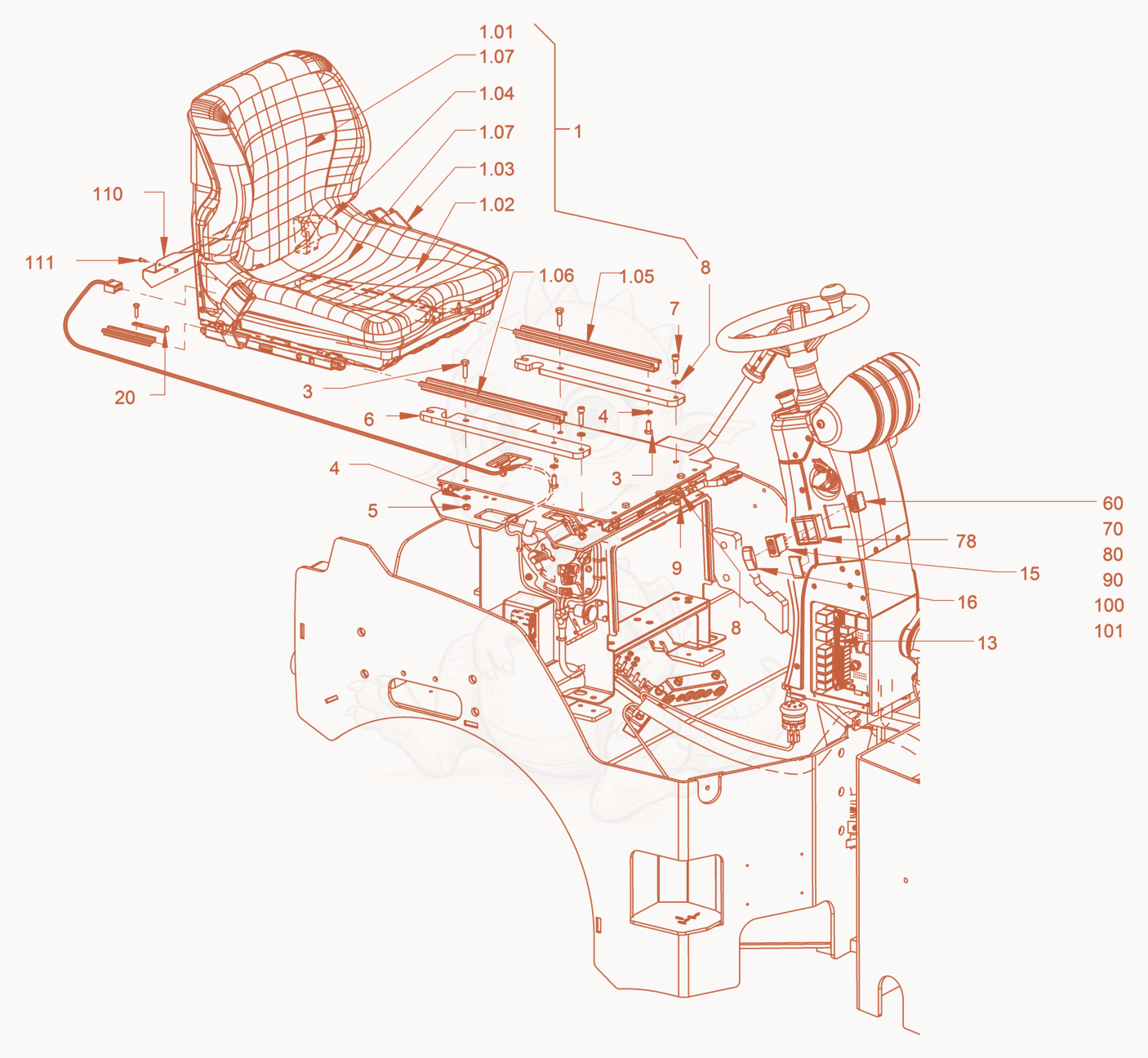 Exploded parts diagram of the Driver'S Seat of a Wacker Neuson RD45-140, with numbered balloons