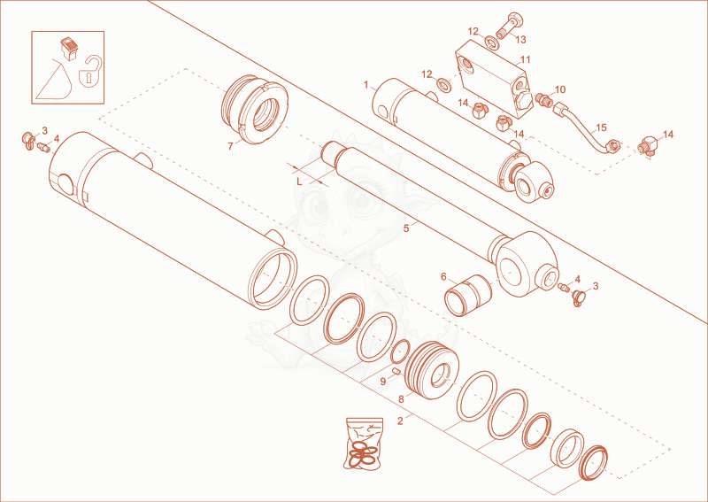 Exploded parts diagram of the swivel bucket cylinder QHS hydraulically of a Wacker Neuson EZ53, with numbered balloons