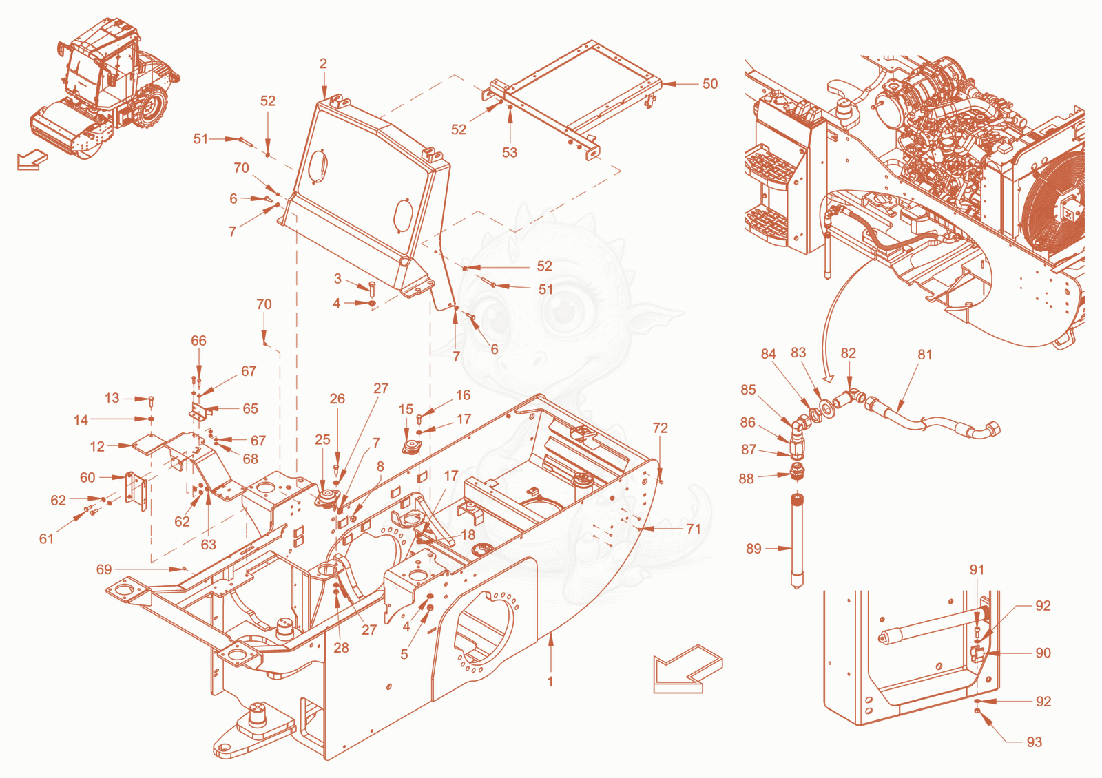 Exploded parts diagram of the main frame and assemblies of a Wacker Neuson RC50DPFROPS, with numbered balloons