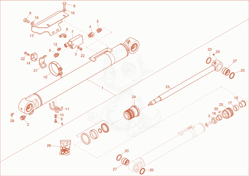 Exploded parts diagram of the DIPPER ARM CYLINDER of a Wacker Neuson EW65, with numbered balloons