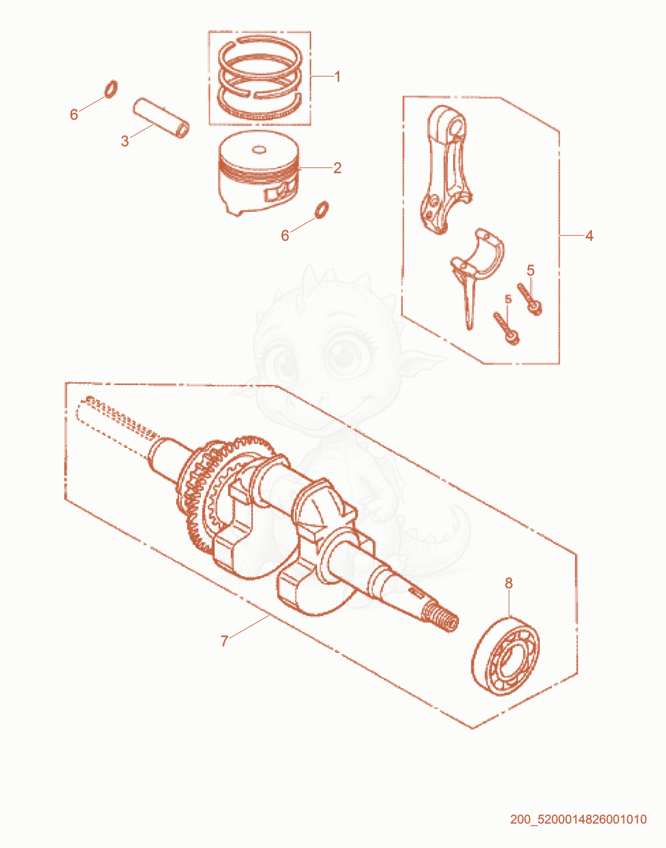 Exploded parts diagram of the Piston/Crankshaft of a Wacker Neuson MS64A, with numbered balloons
