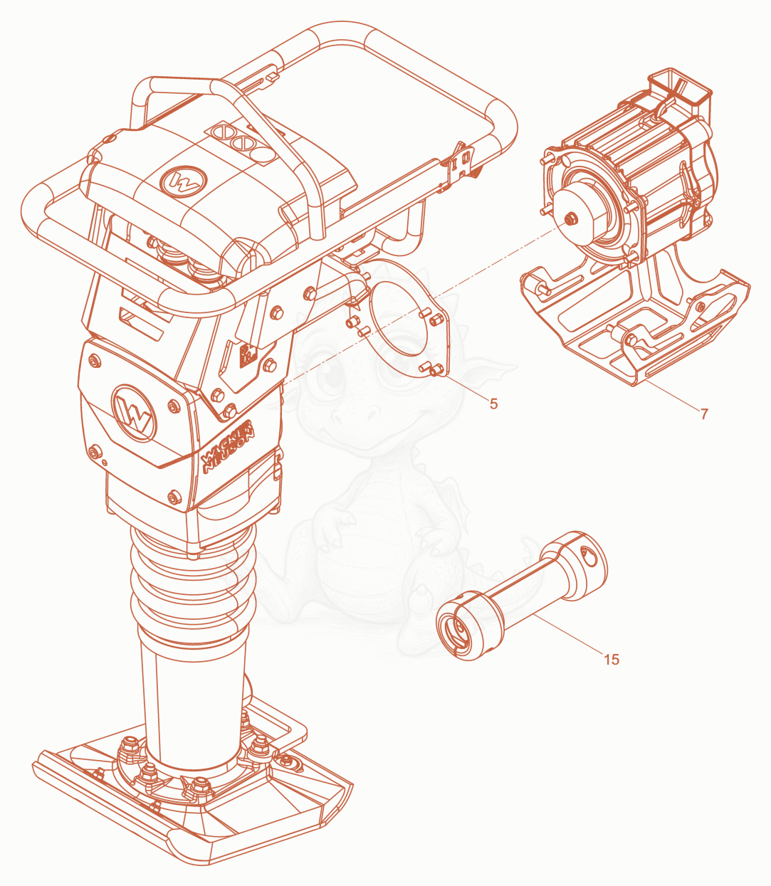 Exploded parts diagram of the Rammer cpl. of a Wacker Neuson AS60E, with numbered balloons