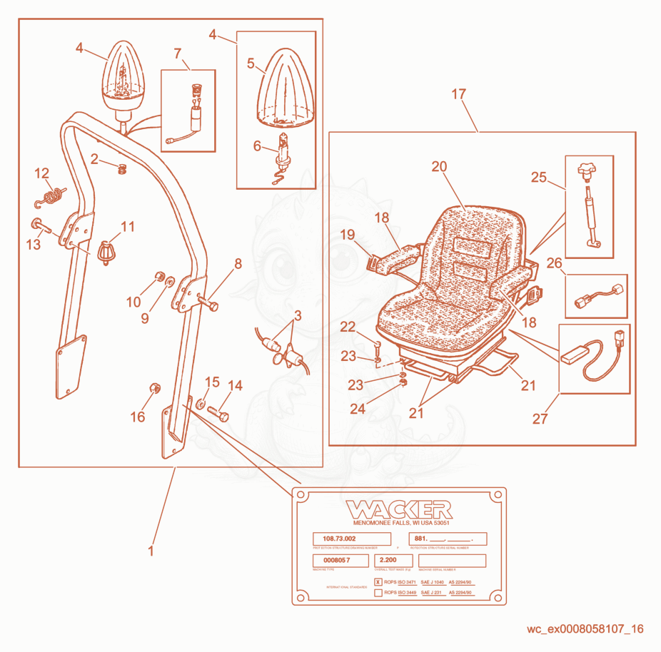 Exploded parts diagram of the ROPS Protection/Seat Unit of a Wacker Neuson RD25, with numbered balloons