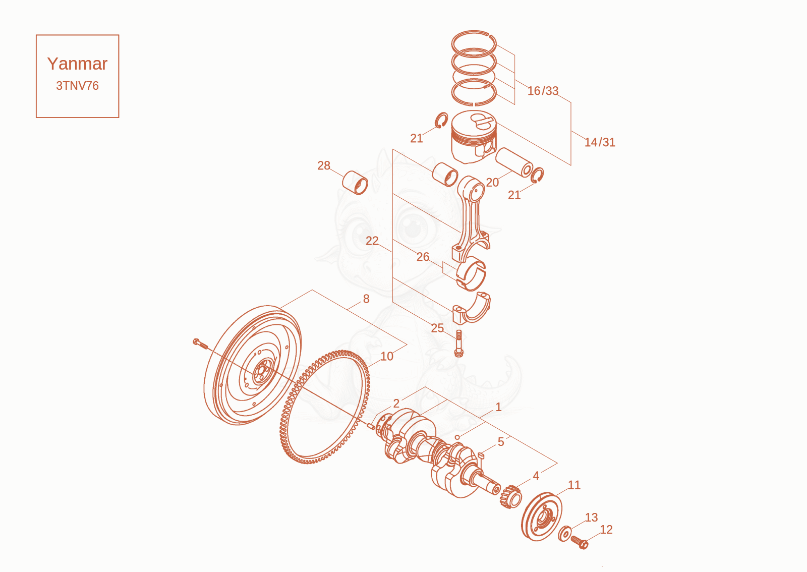 Exploded parts diagram of the CRANKSHAFT, PISTON of a Wacker Neuson DW20-2, with numbered balloons