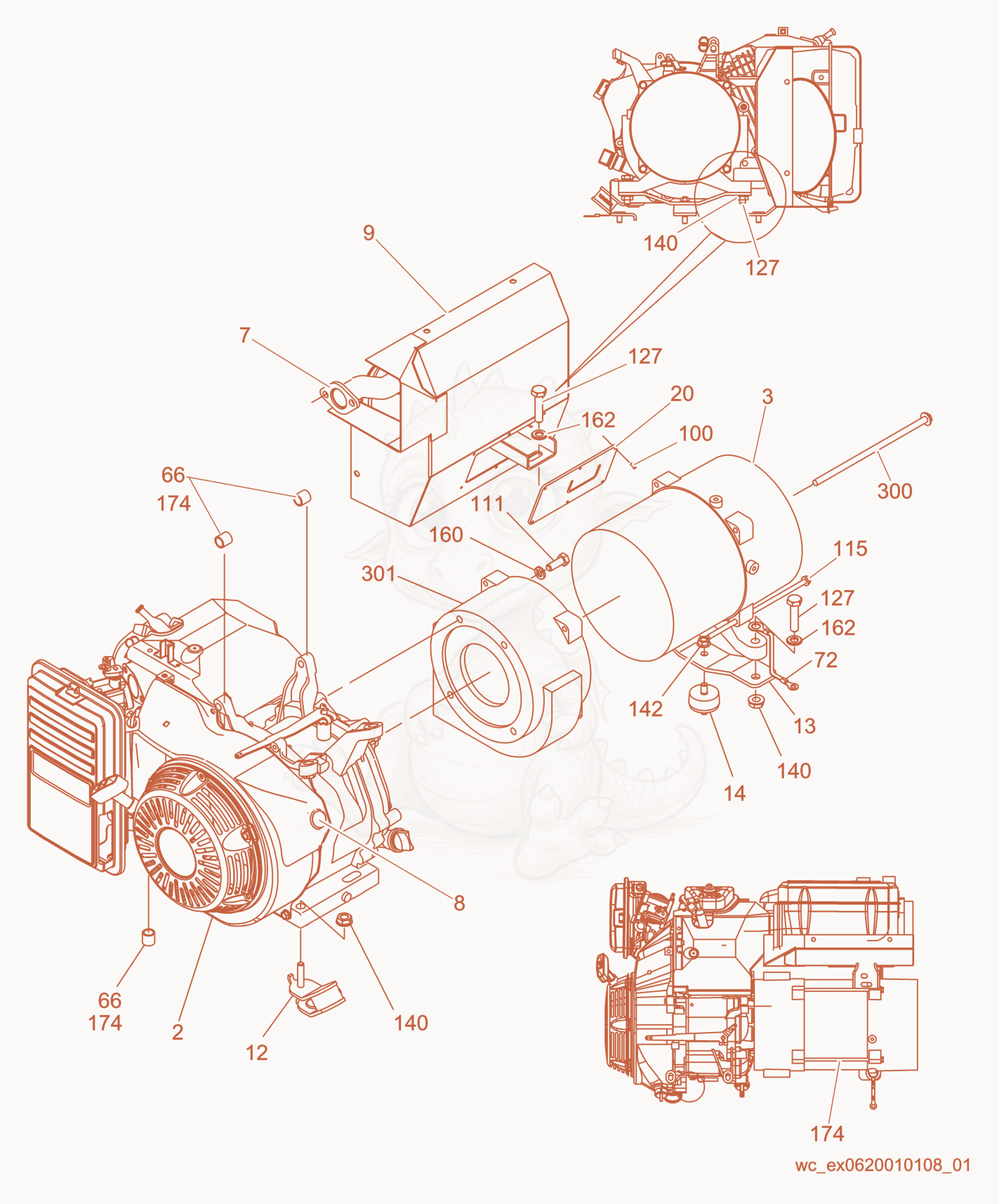 Exploded parts diagram of the Engine/Generator cpl. of a Wacker Neuson GP3800A, with numbered balloons