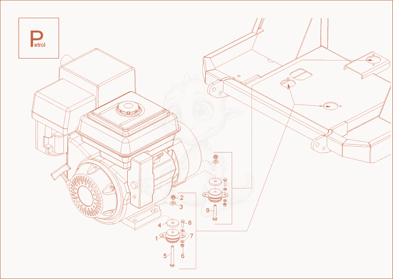 Exploded parts diagram of the Engine bedding of a Wacker Neuson DT08, with numbered balloons