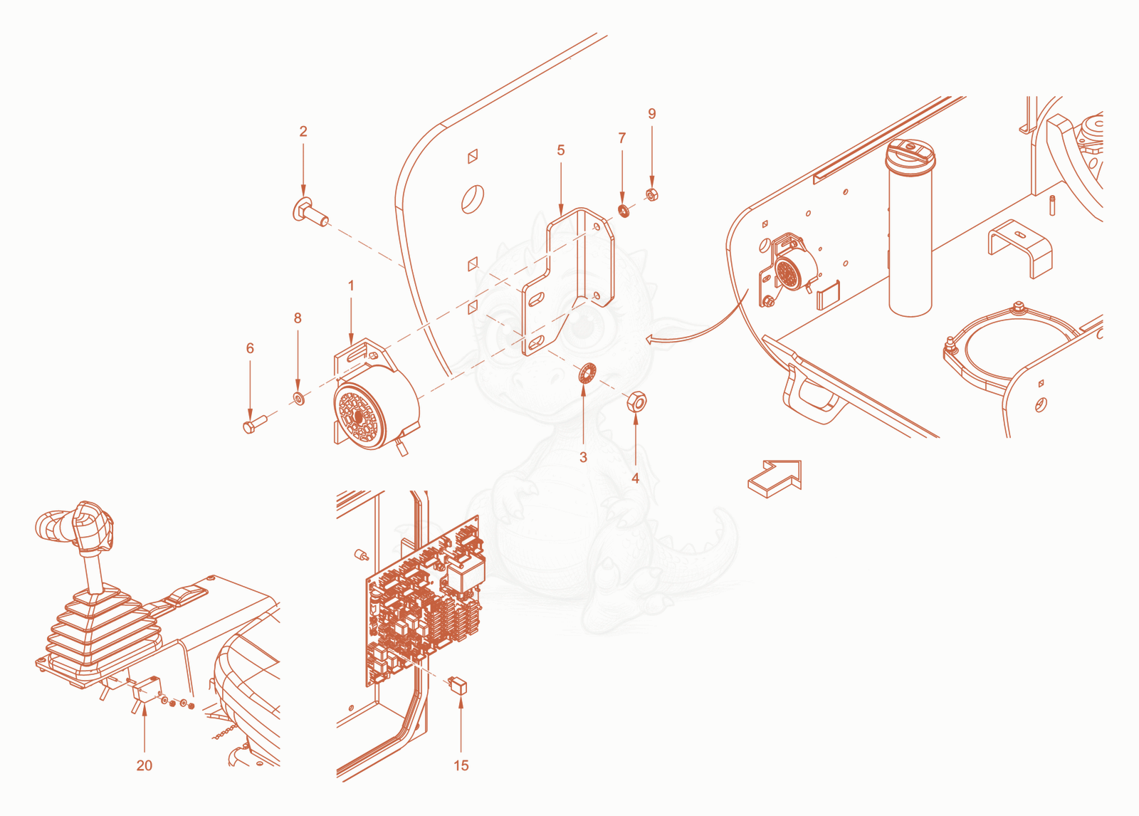 Exploded parts diagram of the back-up alarm of a Wacker Neuson RC50DPFROPS, with numbered balloons