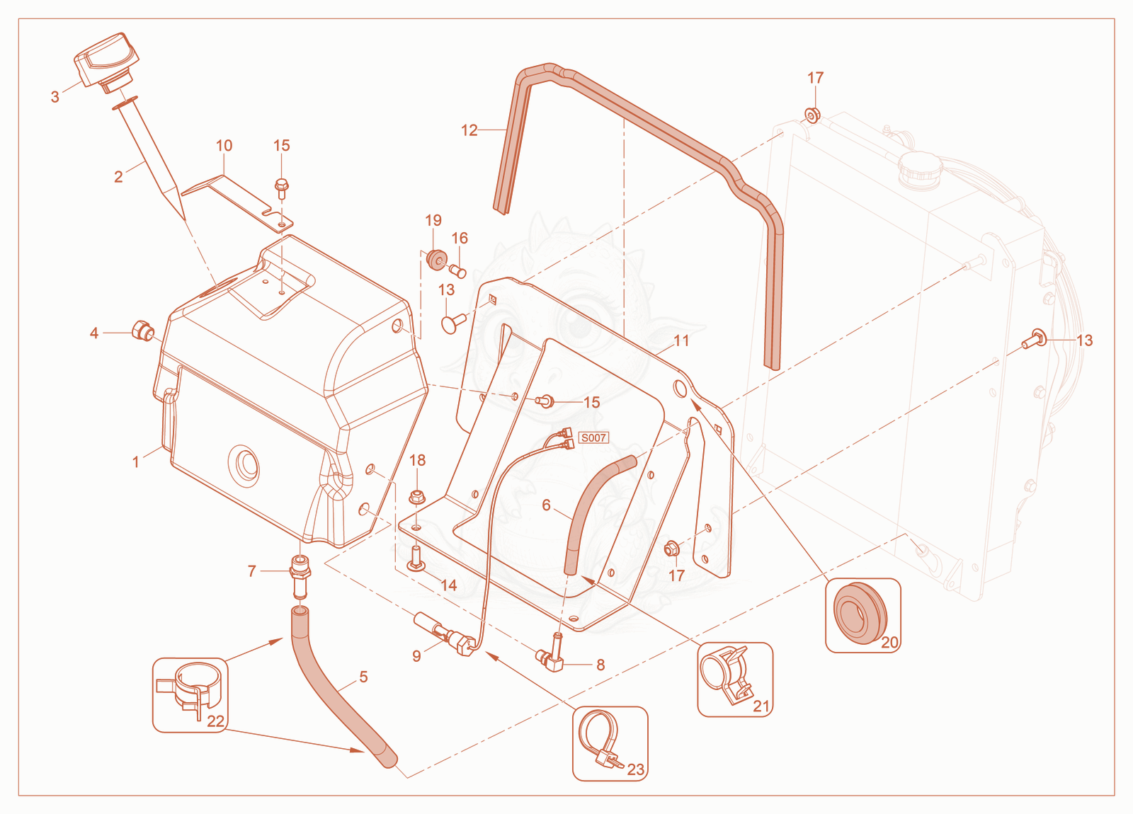 Exploded parts diagram of the Hydraulic Oil Tank of a Wacker Neuson HTC15, with numbered balloons