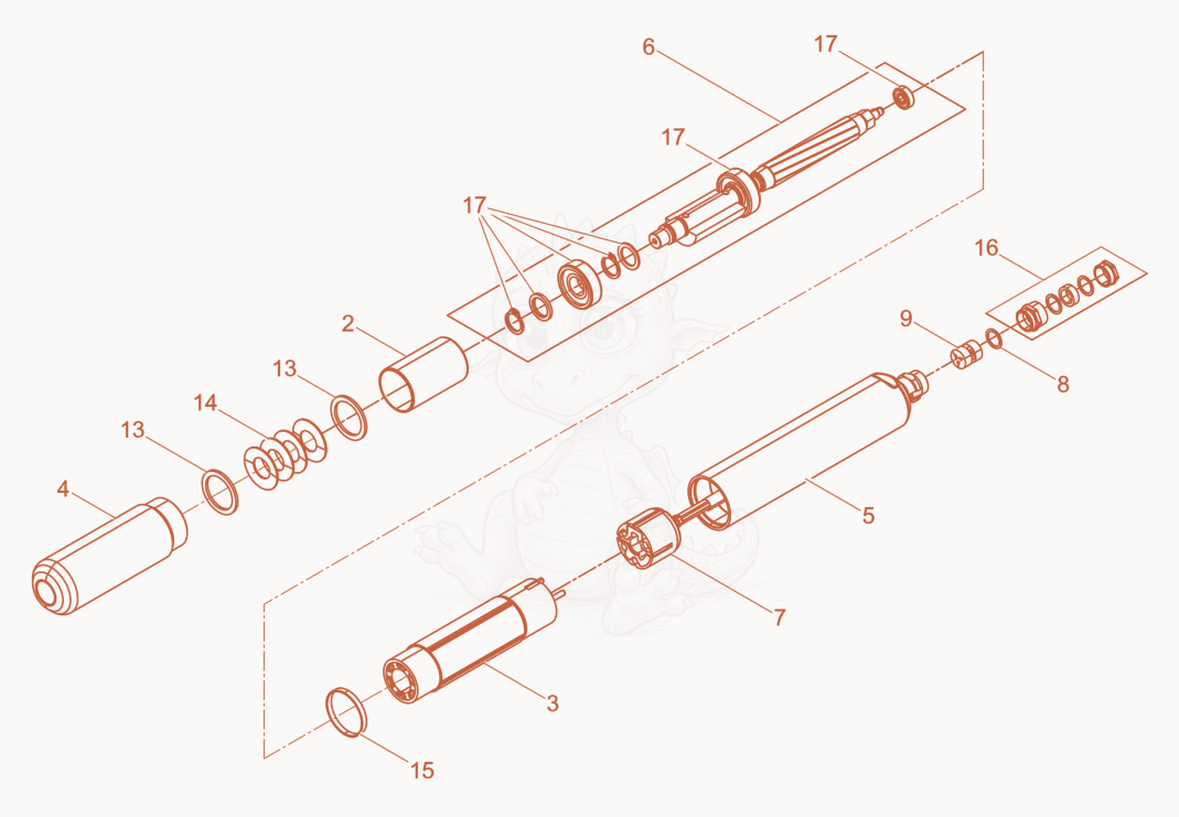 Exploded parts diagram of the Internal Vibrator cpl. of a Wacker Neuson IRFLEX58/120/8US, with numbered balloons