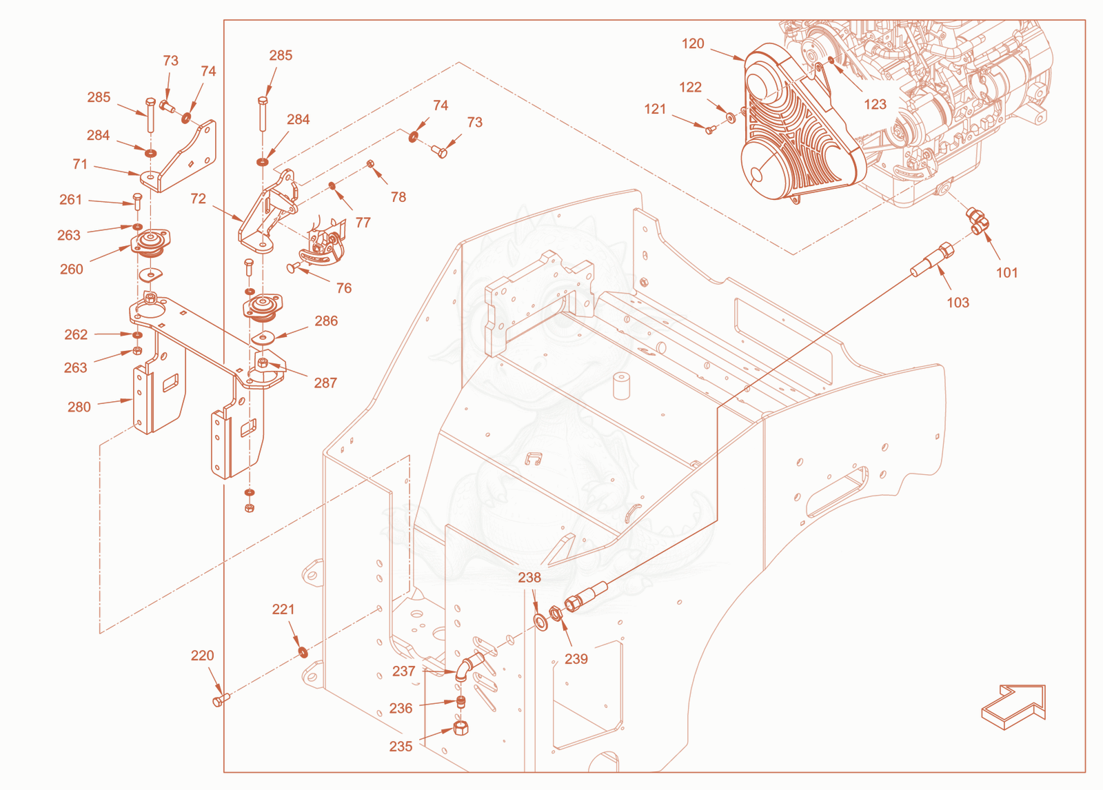 Exploded parts diagram of the pump drive and engine assembly of a Wacker Neuson RD28-120DPF, with numbered balloons