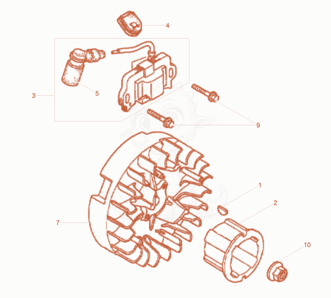 Exploded parts diagram of the Flywheel/Ignition Coil of a Wacker Neuson BS50-4AS11IN, with numbered balloons