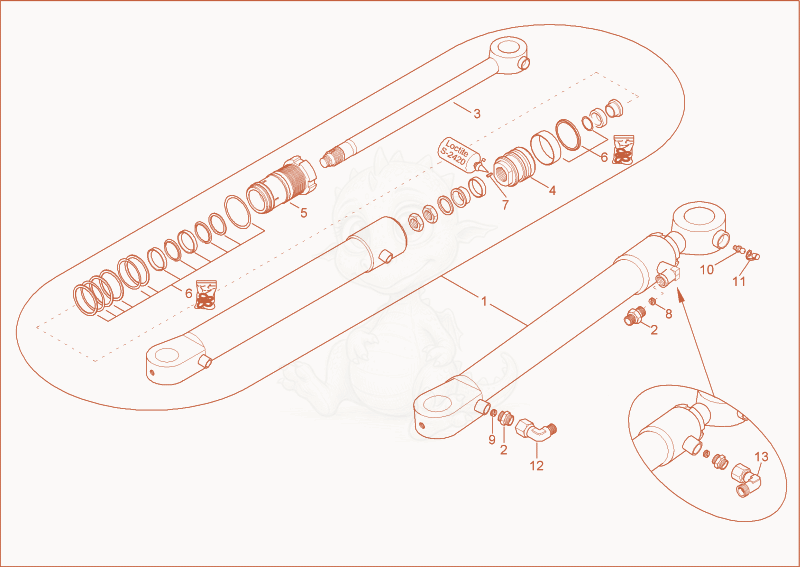 Exploded parts diagram of the boom offset cylinder of a Wacker Neuson 5002RD, with numbered balloons