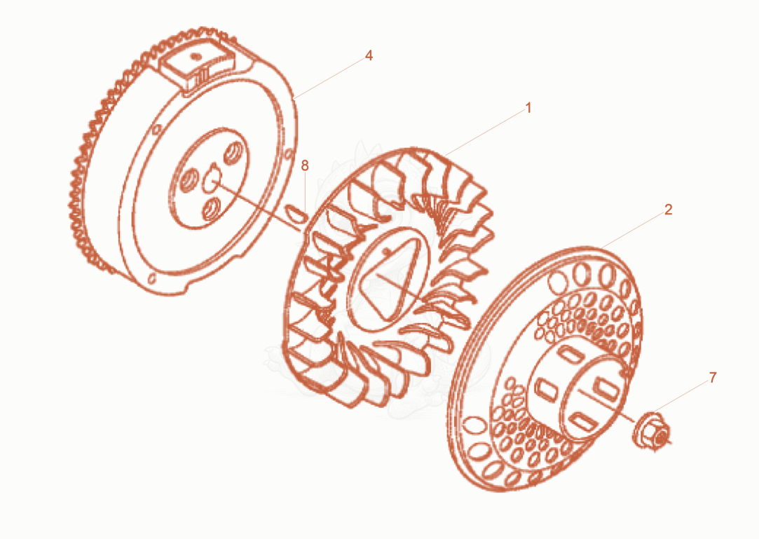 Exploded parts diagram of the Fly wheel of a Wacker Neuson BPU3050A, with numbered balloons